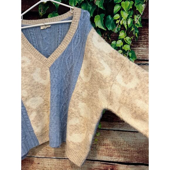 Entro V Neck Long Sleeve Sweater Pullover Drop Shoulder Blue Print Large Ovrsize - Picture 6 of 7